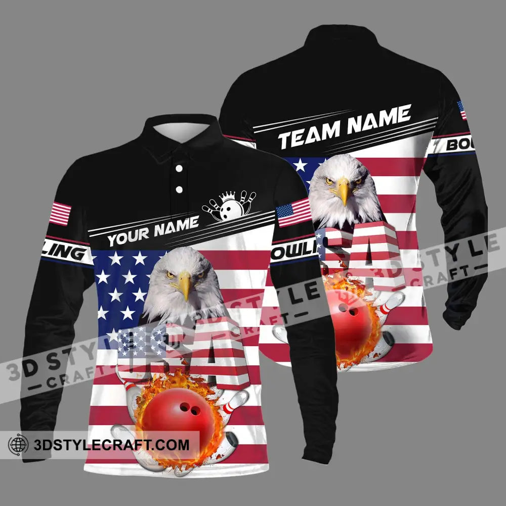 Unisex Shirt - Custom Name Bowling Lover America Flag Long Sleeve Polo / S T-Shirt