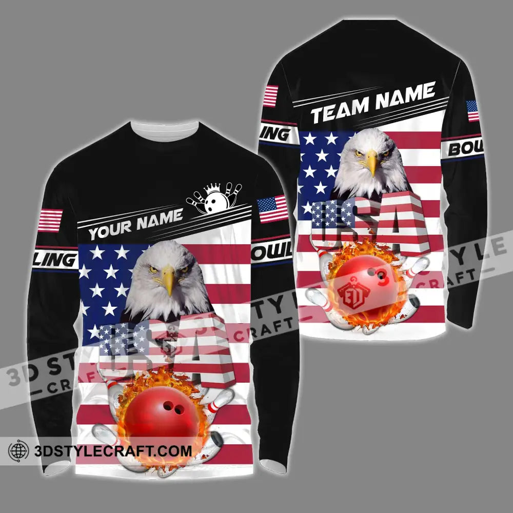 Unisex Shirt - Custom Name Bowling Lover America Flag Long Sleeve / S T-Shirt