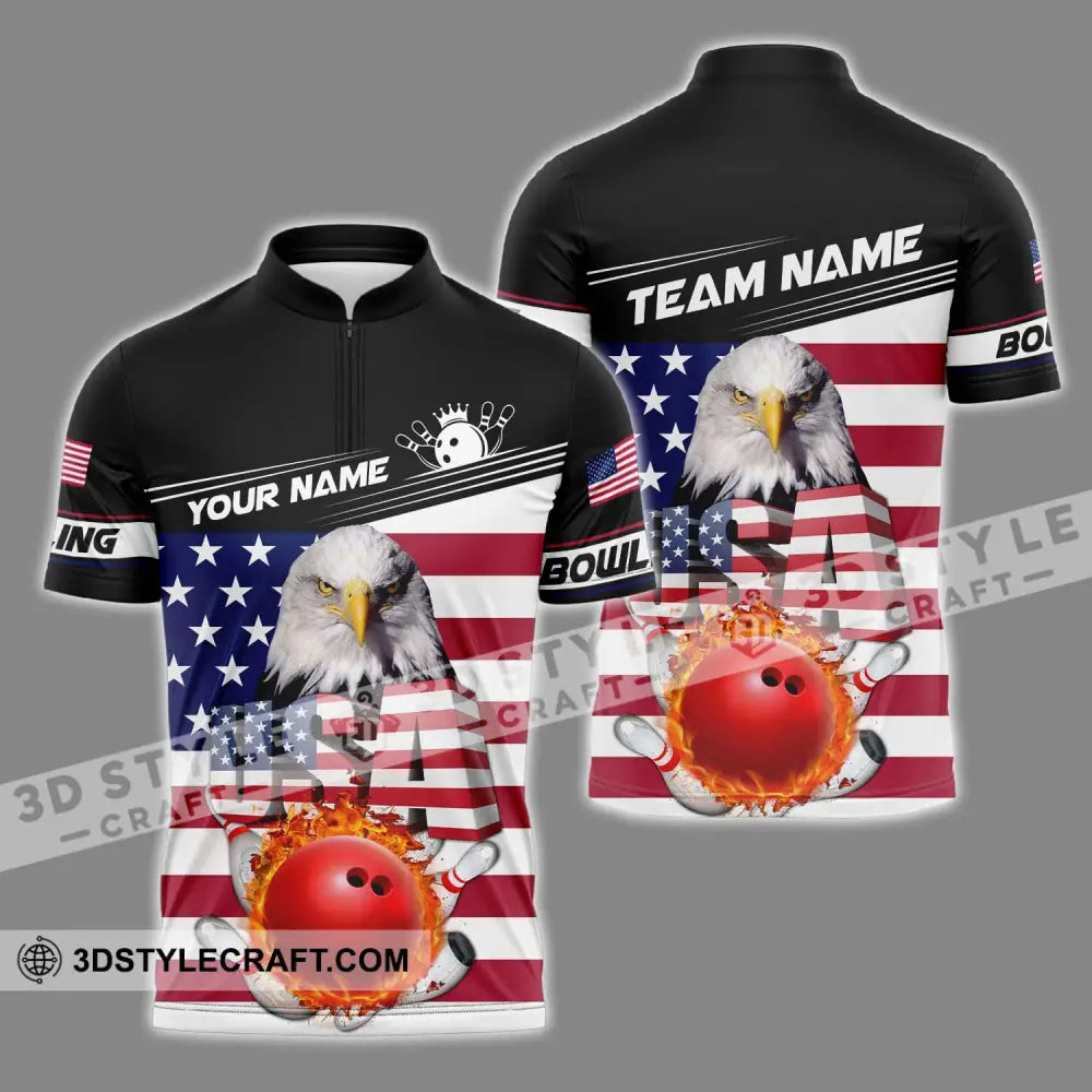 Unisex Shirt - Custom Name Bowling Lover America Flag Zipper Polo / S T-Shirt