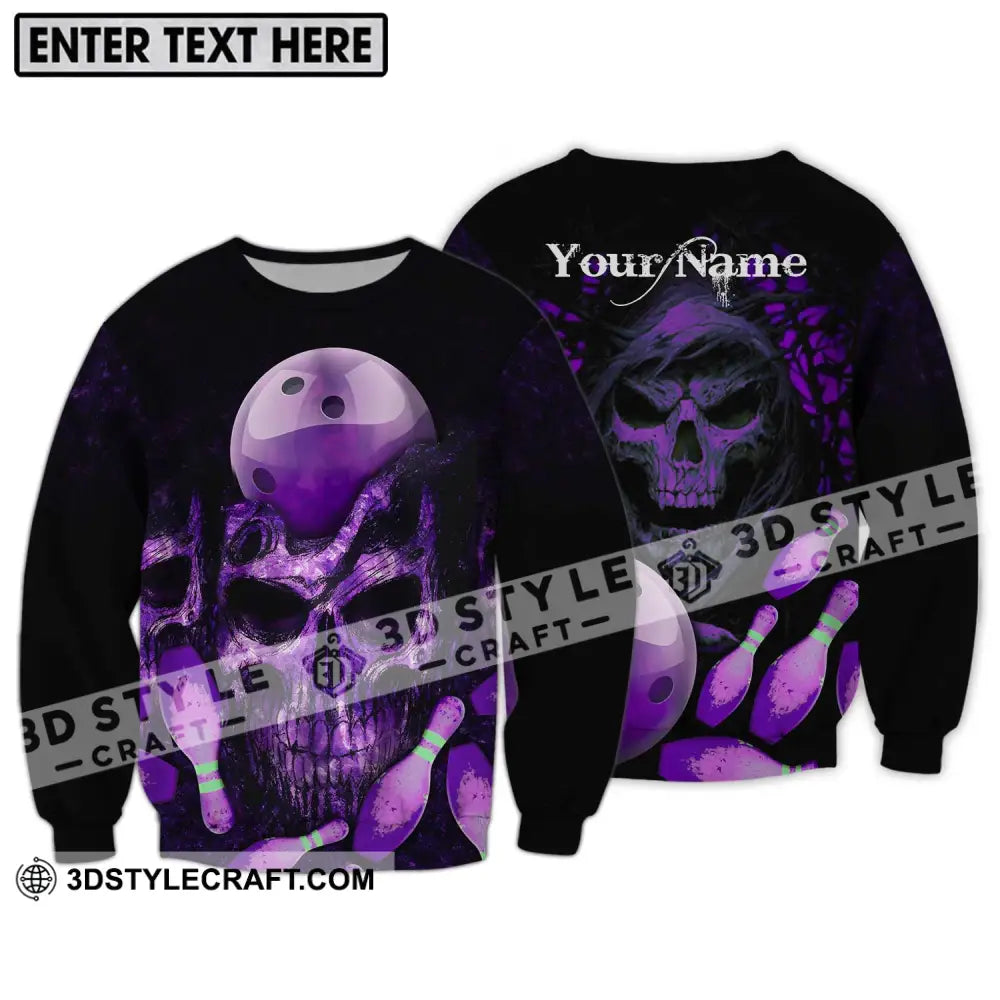 Unisex Shirt - Custom Name Bowling Purple Skull Long Sleeve / S T-Shirt