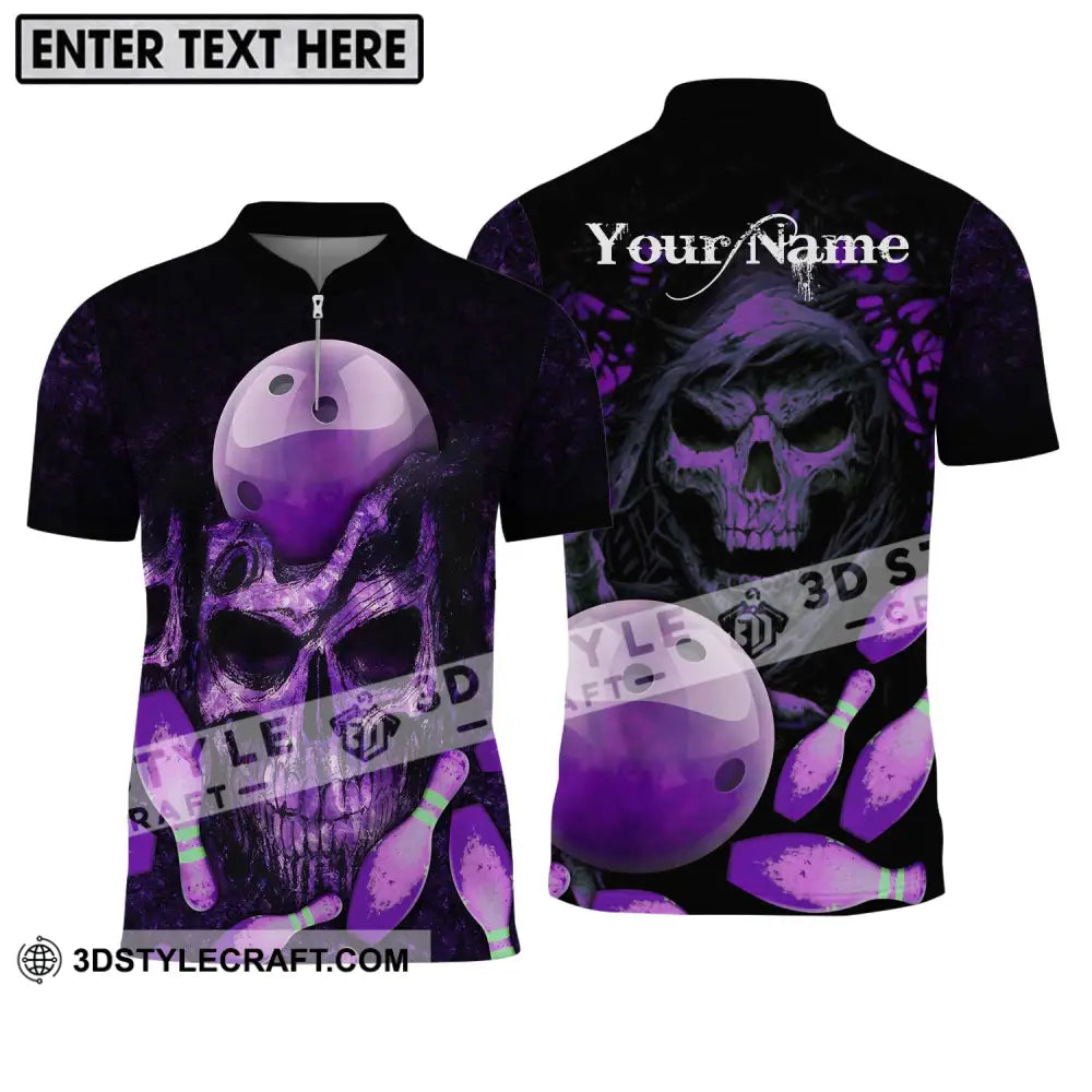 Unisex Shirt - Custom Name Bowling Purple Skull Zipper Polo / S T-Shirt