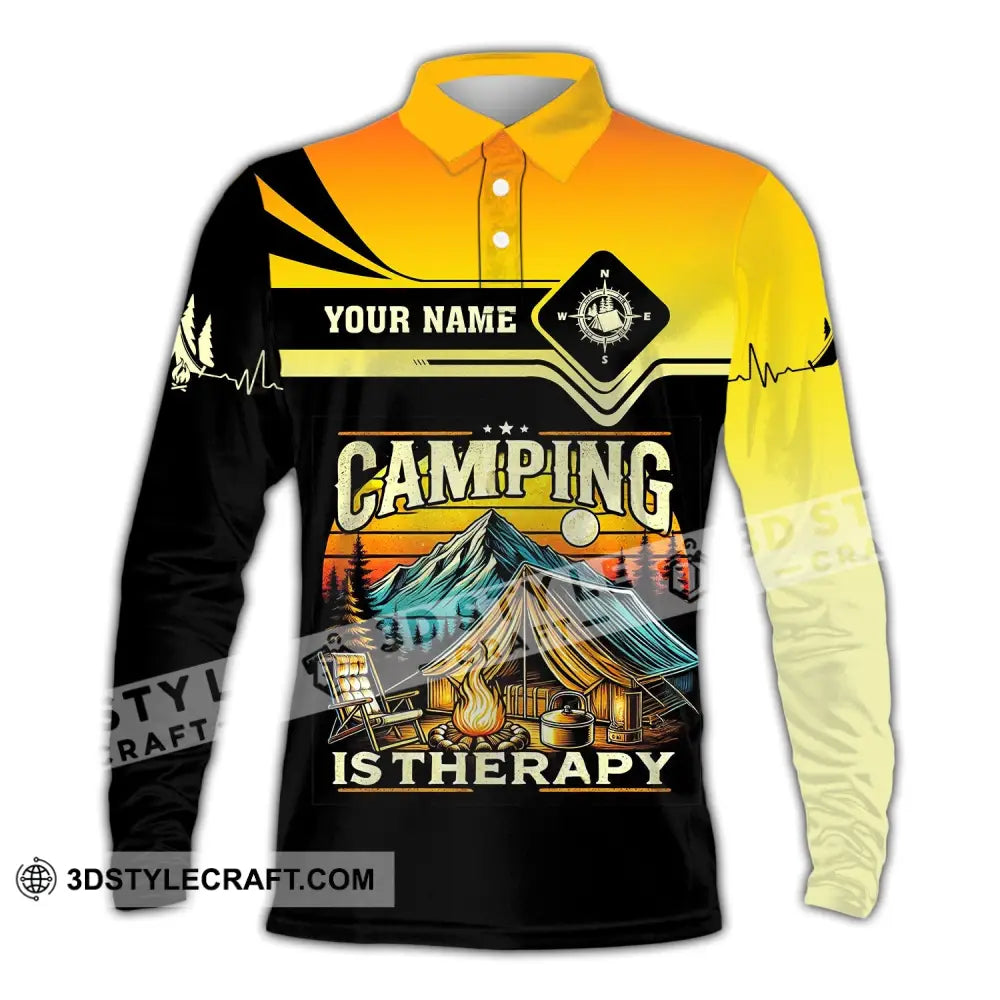 Unisex Shirt Custom Name Camping Is Therapy Hoodie Polo Long Sleeve / S T-Shirt