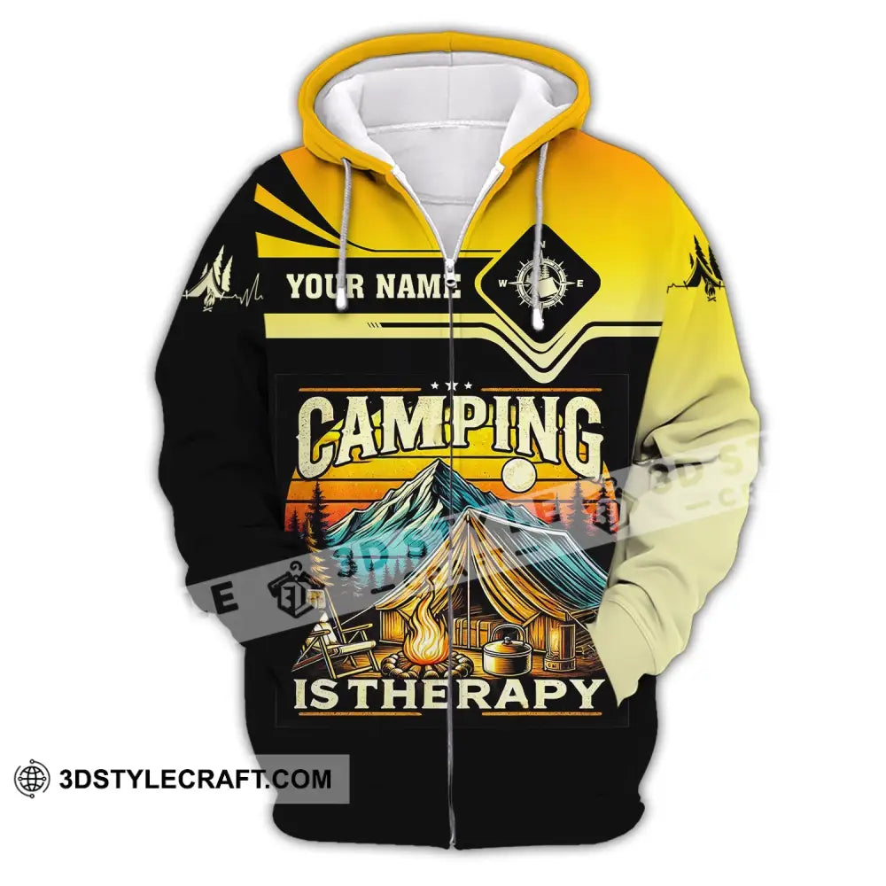 Unisex Shirt Custom Name Camping Is Therapy Hoodie Polo Zipper / S T-Shirt