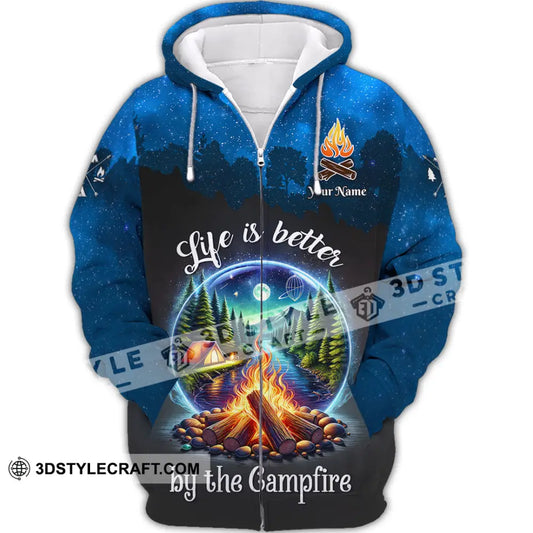 Unisex Shirt Custom Name Camping Polo Long Sleeve Campfire T-Shirt Zipper Hoodie / S T-Shirt