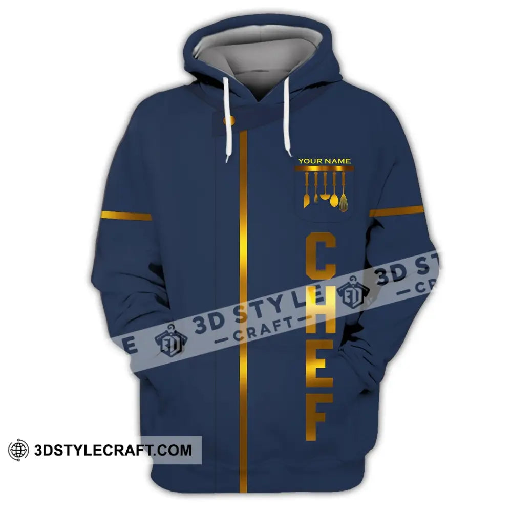 Unisex Shirt - Custom Name Chef Dark Blue And Gold Line Hoodie / S T-Shirt