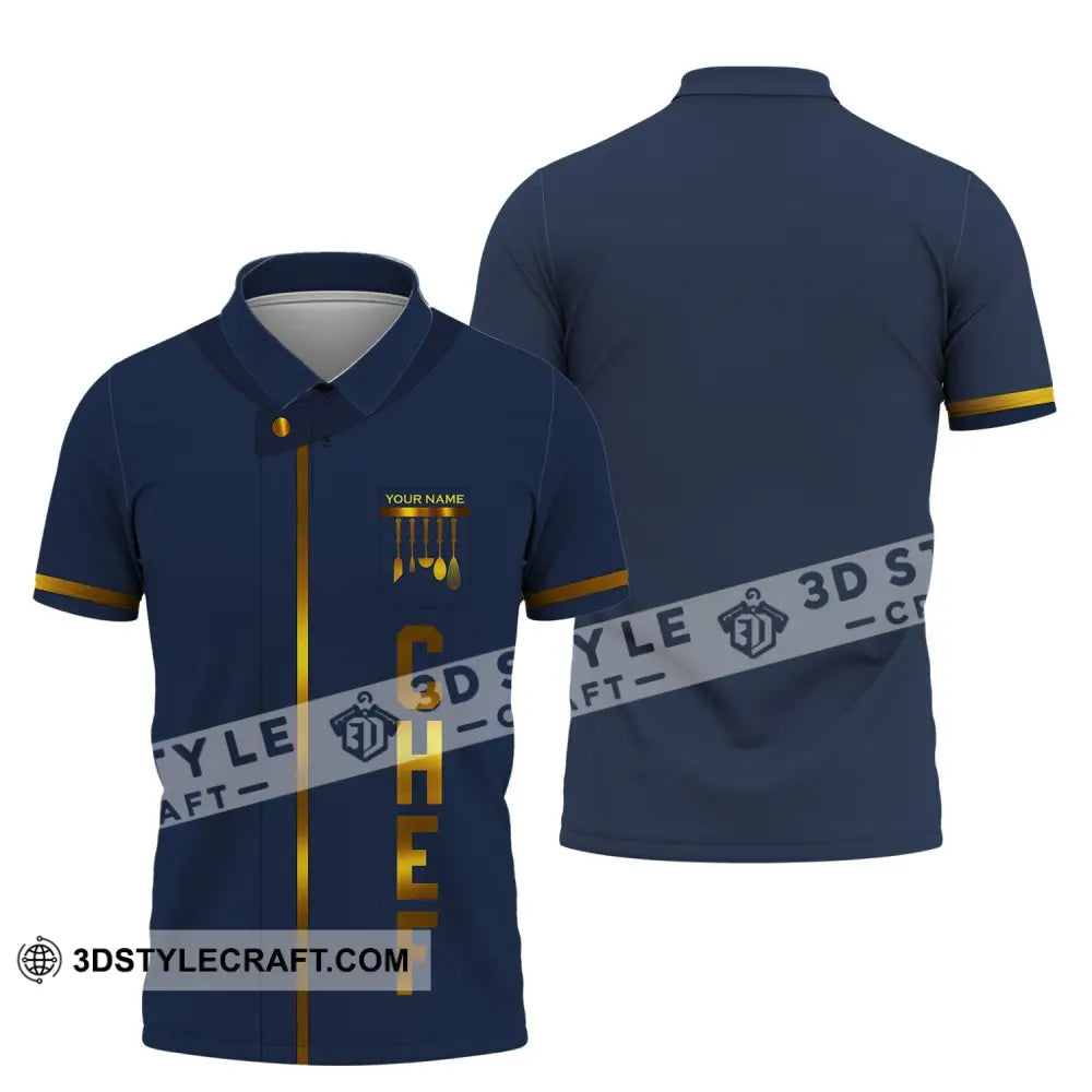 Unisex Shirt - Custom Name Chef Dark Blue And Gold Line Polo / S T-Shirt