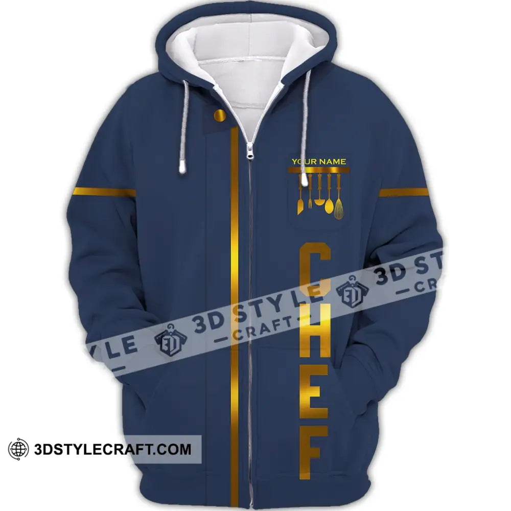 Unisex Shirt - Custom Name Chef Dark Blue And Gold Line Zipper Hoodie / S T-Shirt