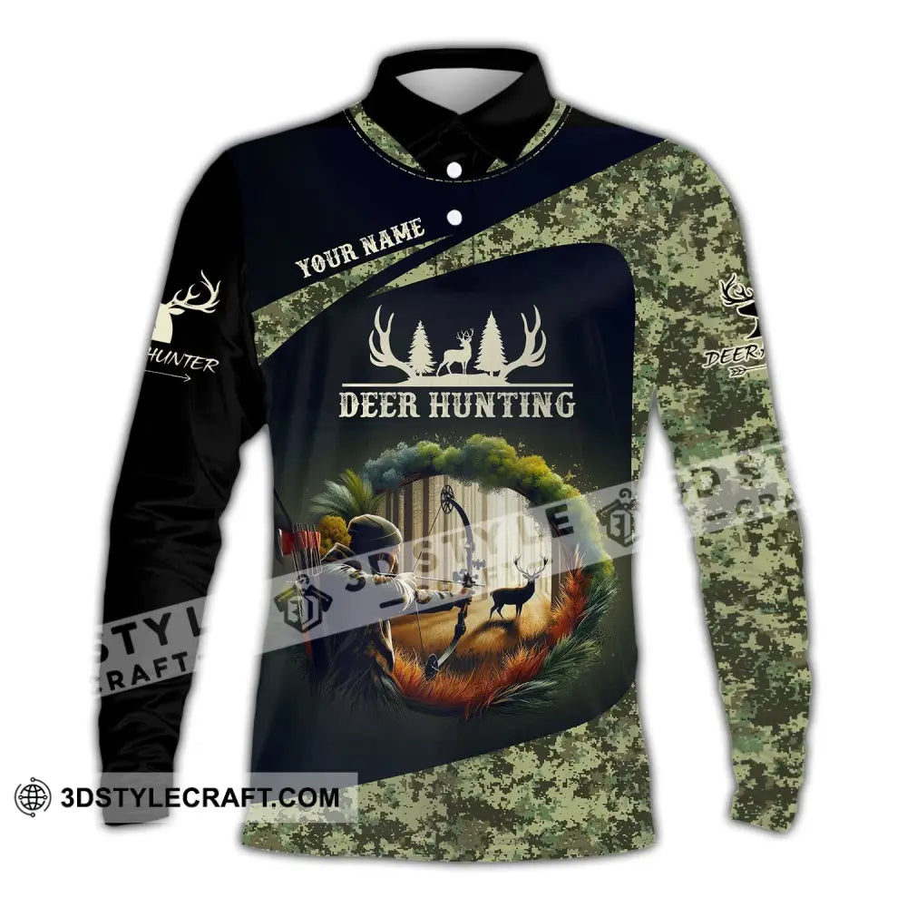 Unisex Shirt Custom Name Deer Hunter Hunting Polo Long Sleeve Animal T-Shirt / S