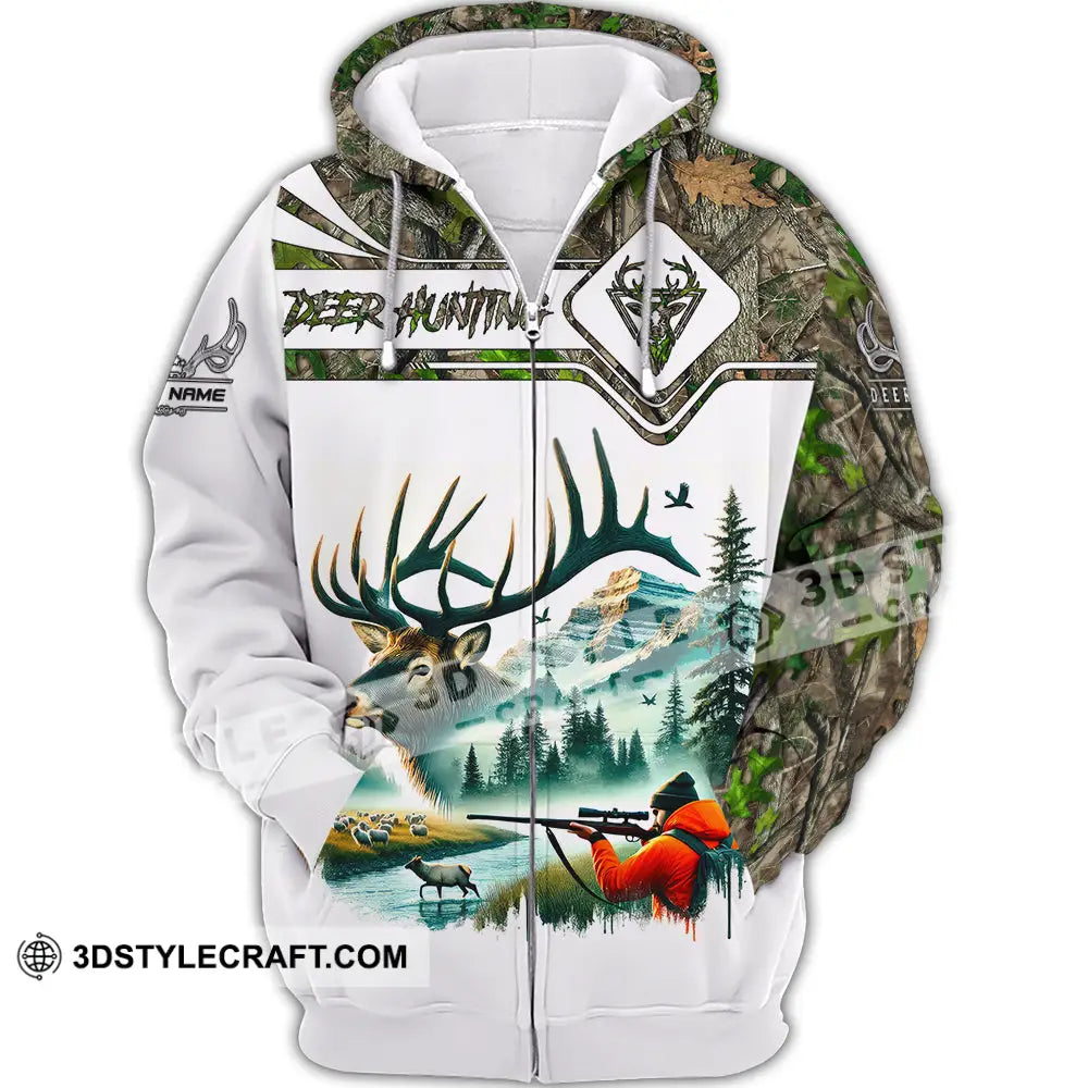 Unisex Shirt Custom Name Deer Hunter Hunting Polo Long Sleeve Animal T-Shirt Zipper Hoodie / S