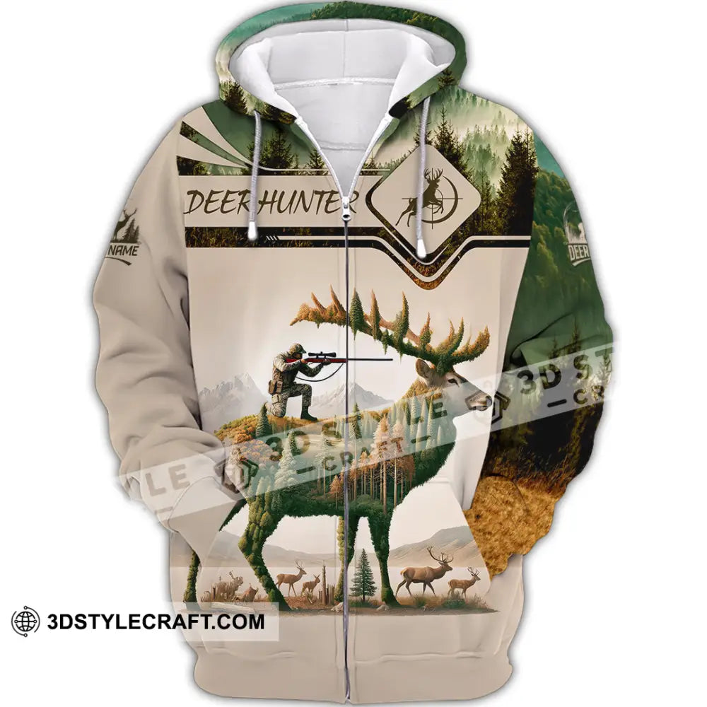 Unisex Shirt Custom Name Deer Hunter Hunting Polo Long Sleeve Animal T-Shirt Zipper Hoodie / S