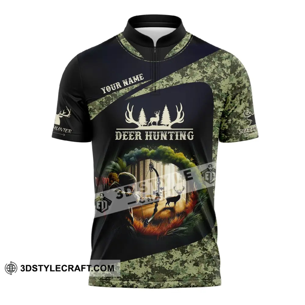 Unisex Shirt Custom Name Deer Hunter Hunting Polo Long Sleeve Animal T-Shirt Zipper / S