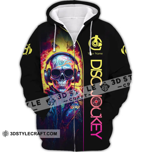 Unisex Shirt Custom Name Disc Jockey Dj Skull Hoodie Polo Long Sleeve Gift For Zipper / S T-Shirt