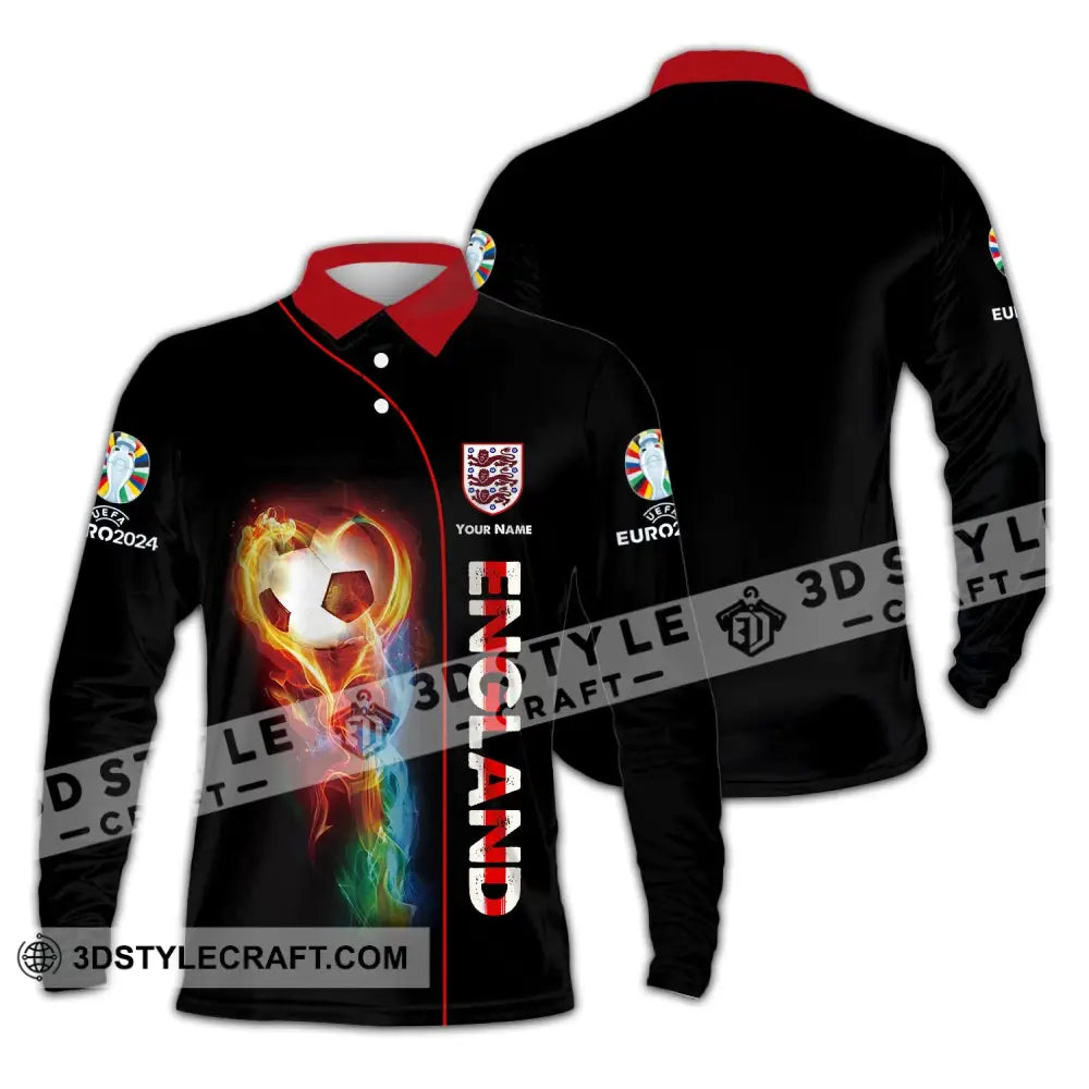 Unisex Shirt - Custom Name England Fire Ball Black Long Sleeve Polo / S T-Shirt