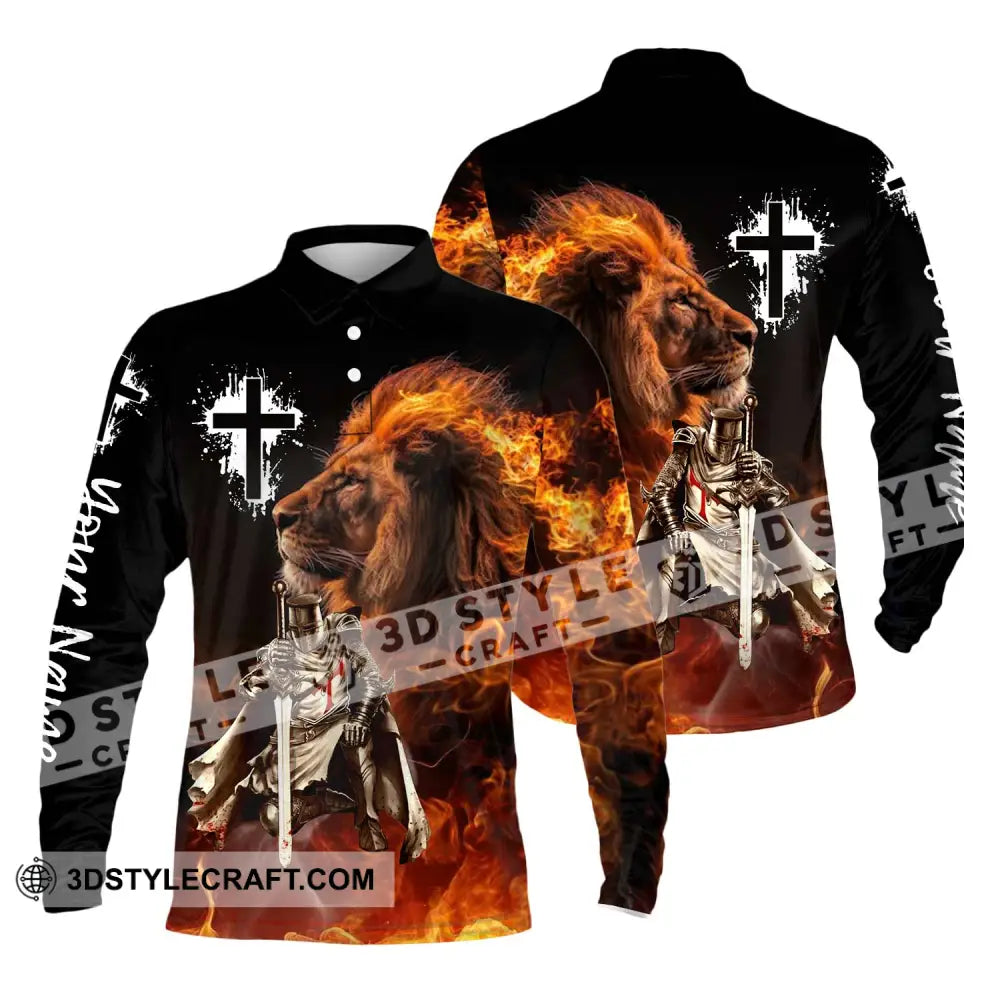 Unisex Shirt - Custom Name Fire Lion Warrior Long Sleeve Polo / S T-Shirt