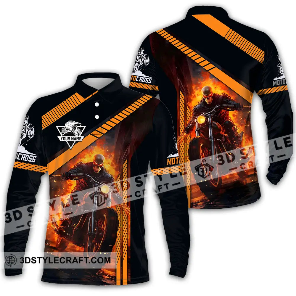 Unisex Shirt - Custom Name Fire Motobike For Player Long Sleeve Polo / S T-Shirt