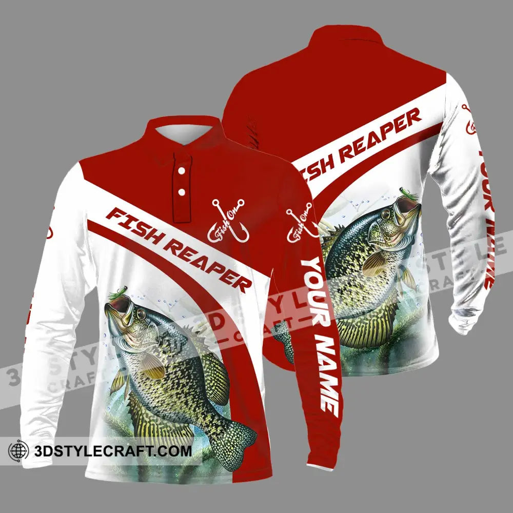 Unisex Shirt - Custom Name Fish Reaper Red And White Long Sleeve Polo / S T-Shirt