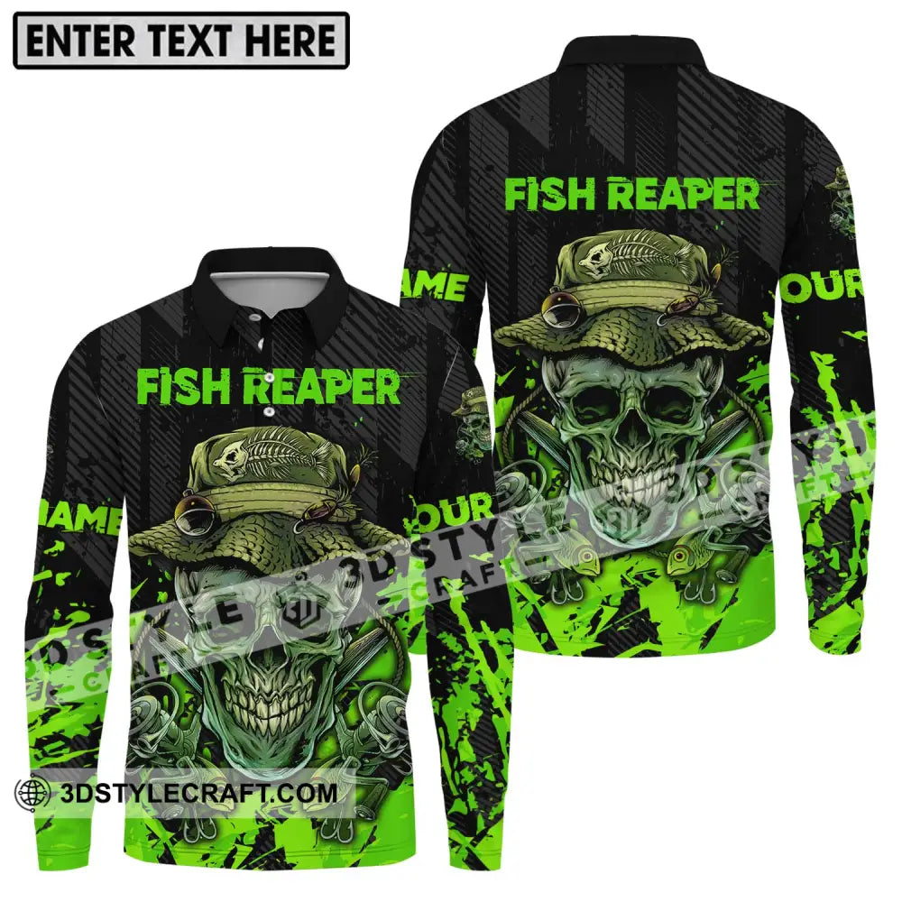 Unisex Shirt - Custom Name Fisher Fish Reaper Green Skull Long Sleeve Polo / S T-Shirt