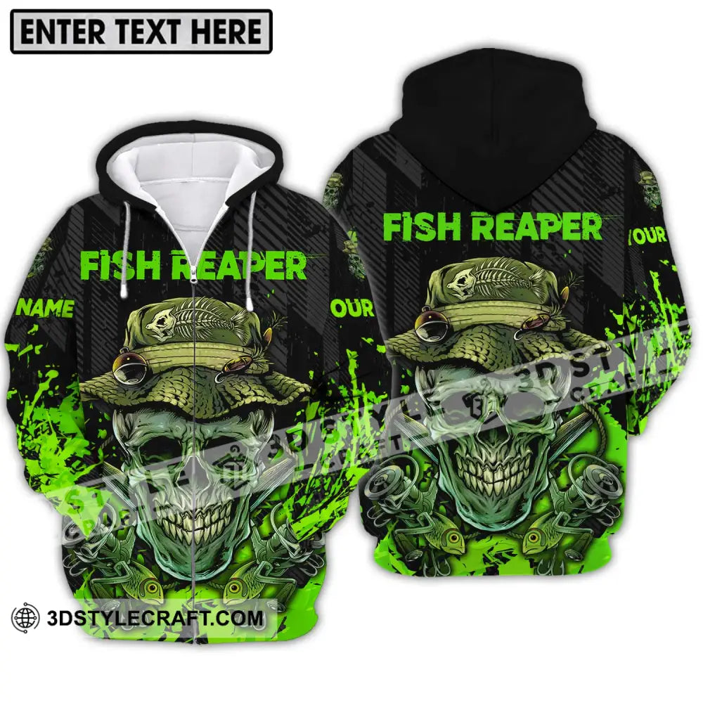 Unisex Shirt - Custom Name Fisher Fish Reaper Green Skull Zipper Hoodie / S T-Shirt