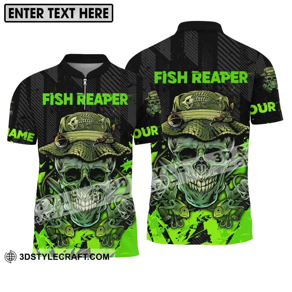 Unisex Shirt - Custom Name Fisher Fish Reaper Green Skull Zipper Polo / S T-Shirt