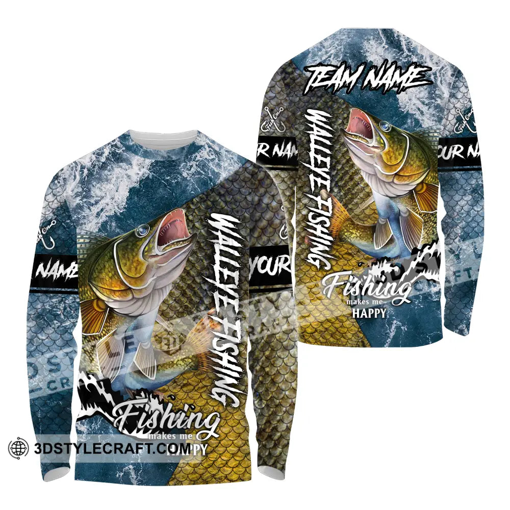 Unisex Shirt - Custom Name Fishing Walleye Fish Long Sleeve / S T-Shirt