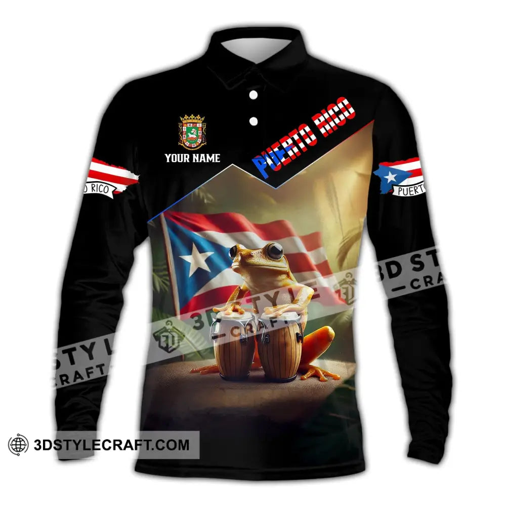 Unisex Shirt - Custom Name Flag Peurto Rico Long Sleeve Polo / S T-Shirt