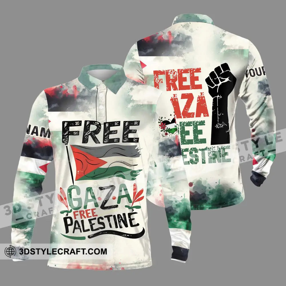 Unisex Shirt - Custom Name Free Gaza Palestine Long Sleeve Polo / S T-Shirt