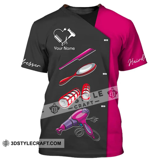 Unisex Shirt - Custom Name Shirt - Gift For Hairdresser Lover, Custom Name Hairdresser Tools, Heart Black And Pink Shirt style option 2
