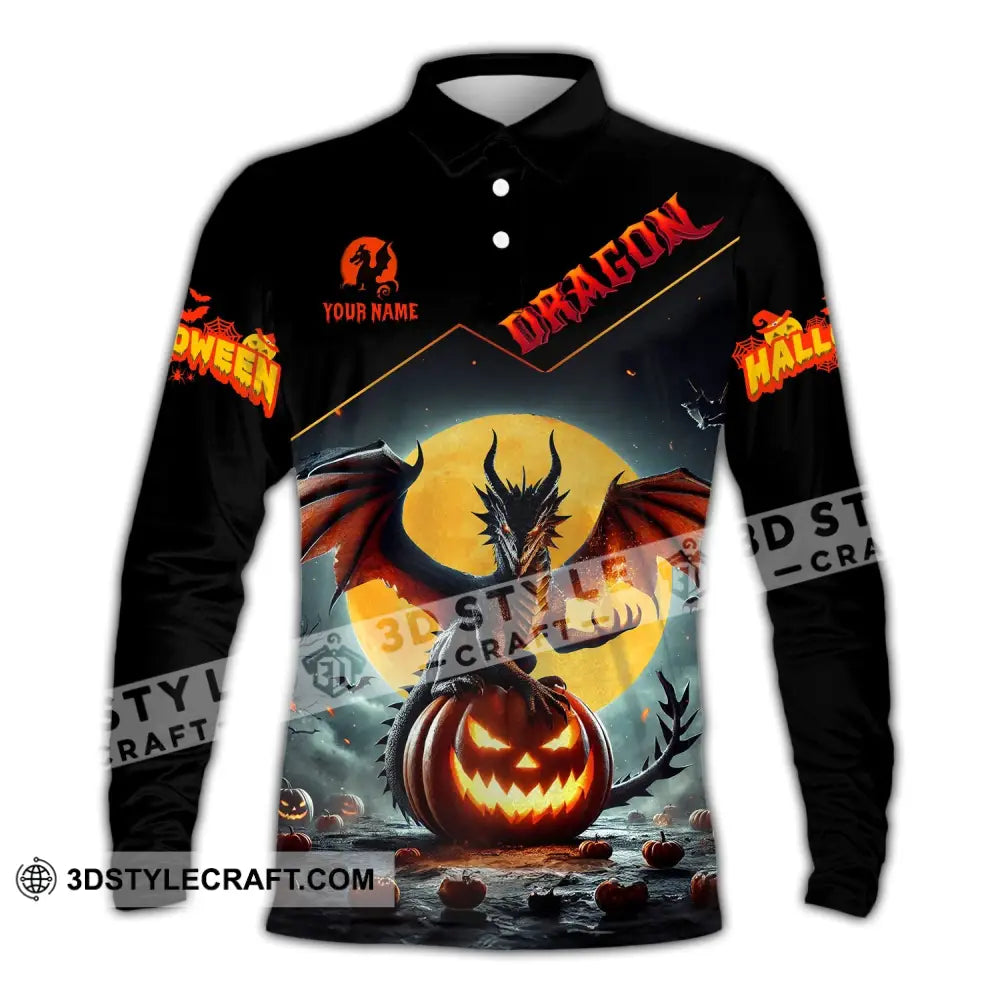 Unisex Shirt - Custom Name Halloween Fire Dragon Long Sleeve Polo / S T-Shirt