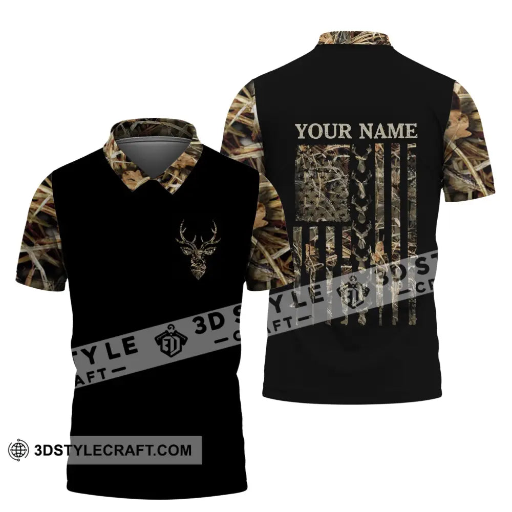 Unisex Shirt - Custom Name Hunting Deer Camo American Flag Polo / S T-Shirt