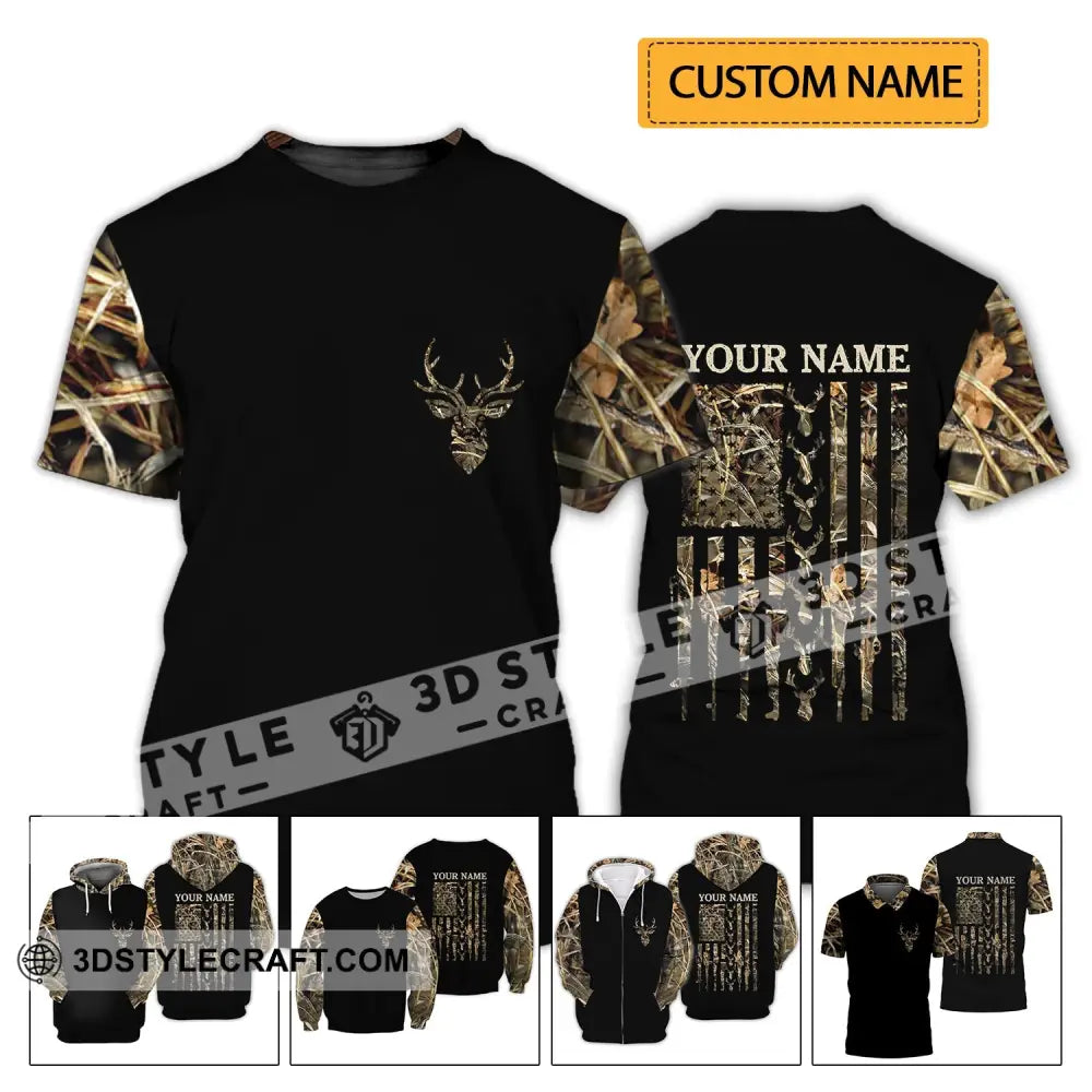 Unisex Shirt - Custom Name Hunting Deer Camo American Flag T-Shirt