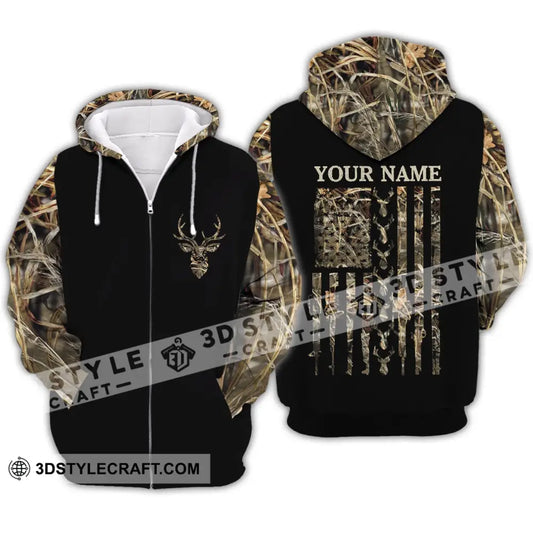 Unisex Shirt - Custom Name Hunting Deer Camo American Flag Zipper Hoodie / S T-Shirt