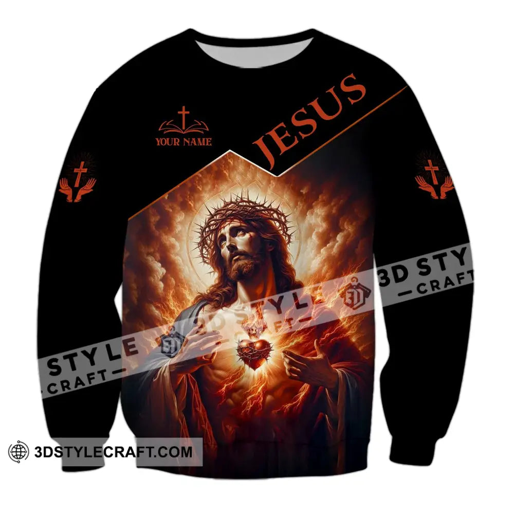 Unisex Shirt - Custom Name Jesus Burning Heart Long Sleeve / S T-Shirt