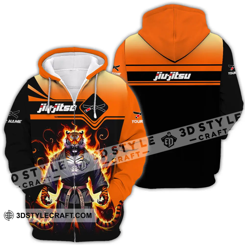 Unisex Shirt - Custom Name Jiu Jitsu Fire Tiger Zipper Hoodie / S T-Shirt