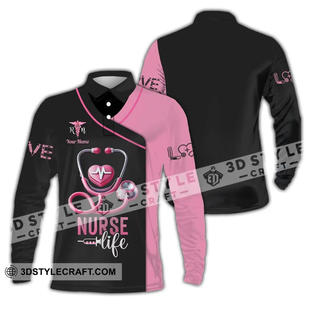 Unisex Shirt - Custom Name Love Nurse Life Long Sleeve Polo / S T-Shirt