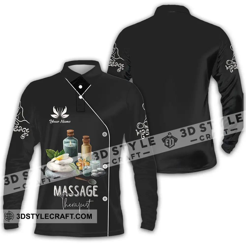 Unisex Shirt - Custom Name Massage Therapist Black Long Sleeve Polo / S T-Shirt