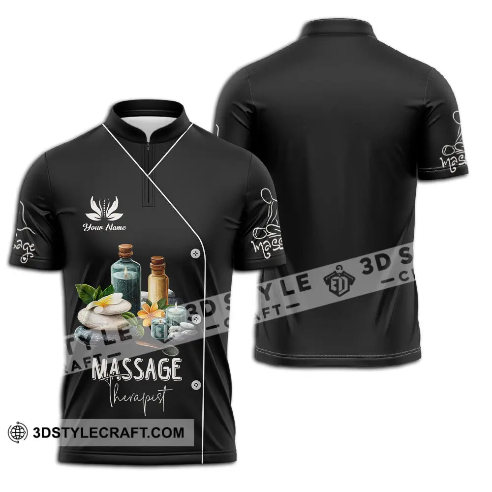 Unisex Shirt - Custom Name Massage Therapist Black Zipper Polo / S T-Shirt