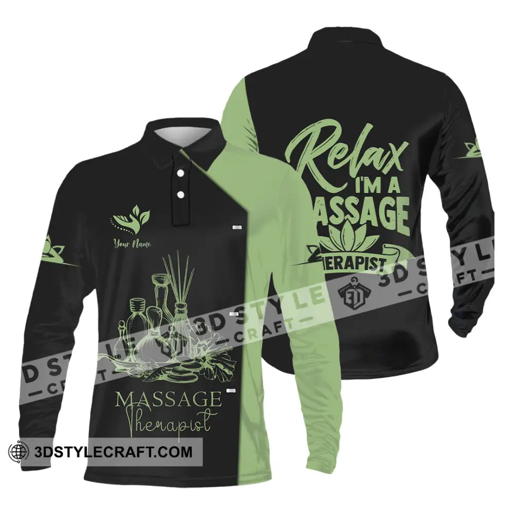 Unisex Shirt - Custom Name Massage Therapist Green Tea Long Sleeve Polo / S T-Shirt