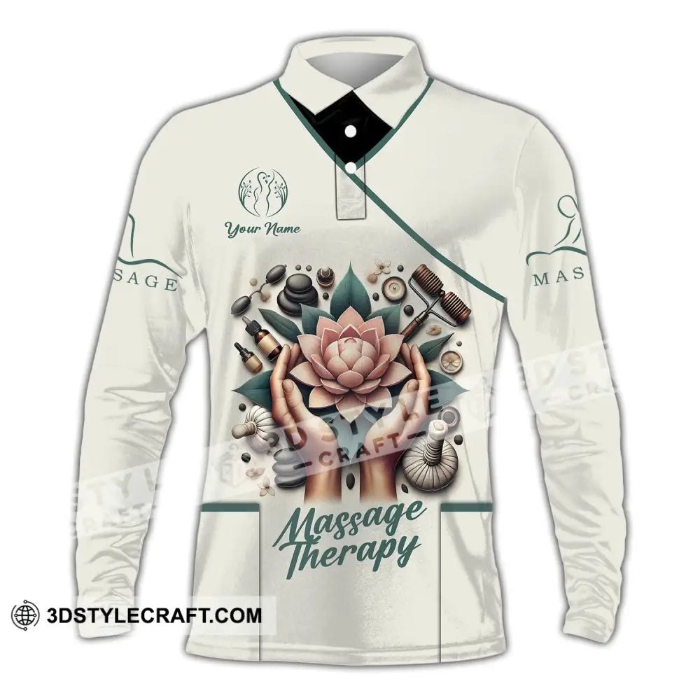 Unisex Shirt - Custom Name Massage Therapist Lotus Long Sleeve Polo / S T-Shirt