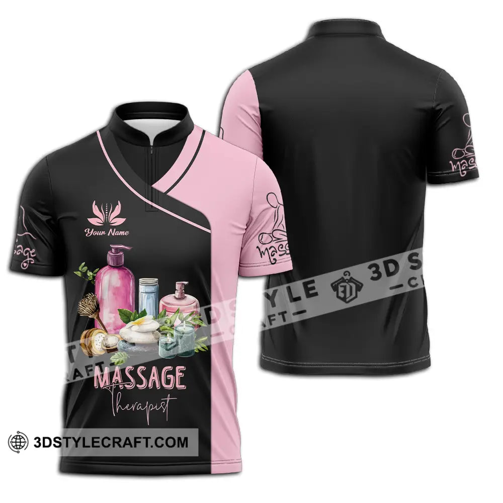 Unisex Shirt - Custom Name Massage Therapist Pink And Black Zipper Polo / S T-Shirt