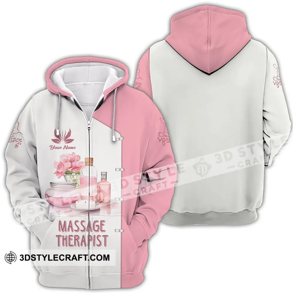 Unisex Shirt - Custom Name Massage Therapist White And Light Pink Zipper Hoodie / S T-Shirt