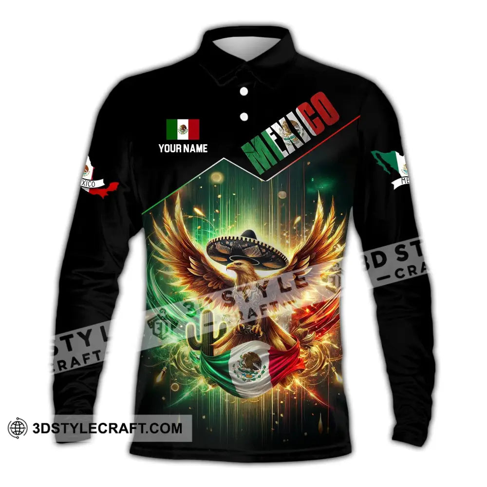 Unisex Shirt - Custom Name Mexico Flag And Icon Long Sleeve Polo / S T-Shirt