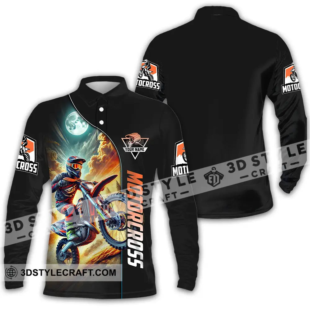 Unisex Shirt - Custom Name Motocross Racing Sky Long Sleeve Polo / S T-Shirt