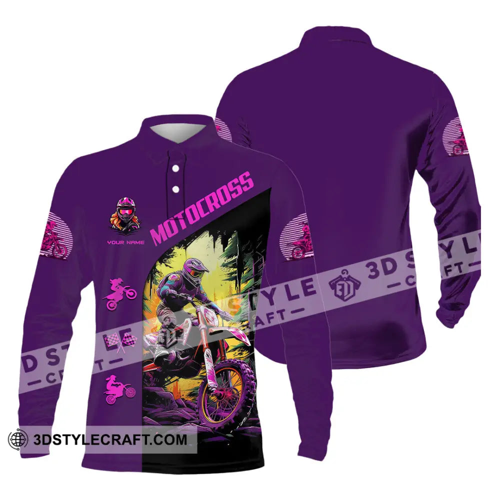 Unisex Shirt - Custom Name Motocross Sport Purple Long Sleeve Polo / S T-Shirt