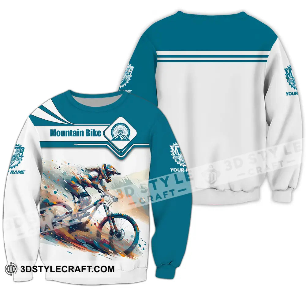 Unisex Shirt - Custom Name Mountain Bike Sport Blue And White Biker Long Sleeve / S T-Shirt