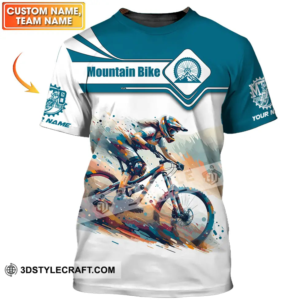 Unisex Shirt - Custom Name Mountain Bike Sport Blue And White Biker T-Shirt