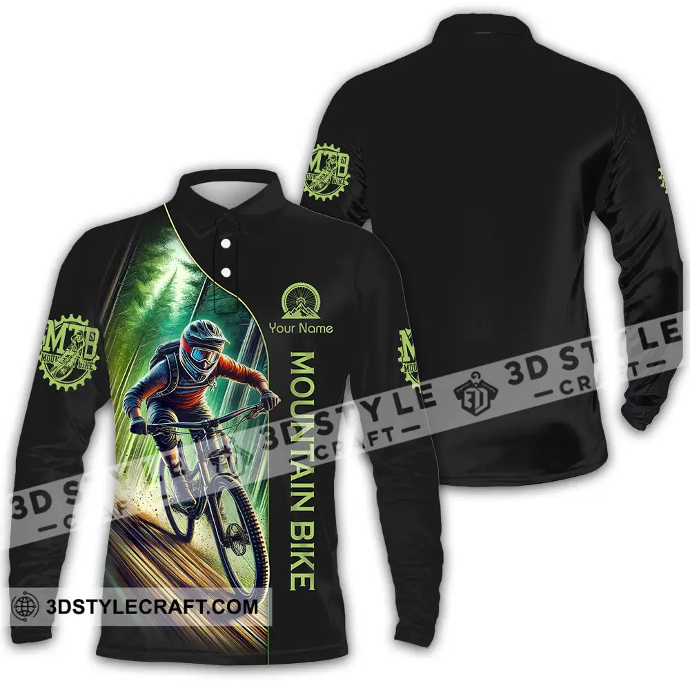 Unisex Shirt - Custom Name Mountain Bike Sport Forest And Black Biker Long Sleeve Polo / S T-Shirt