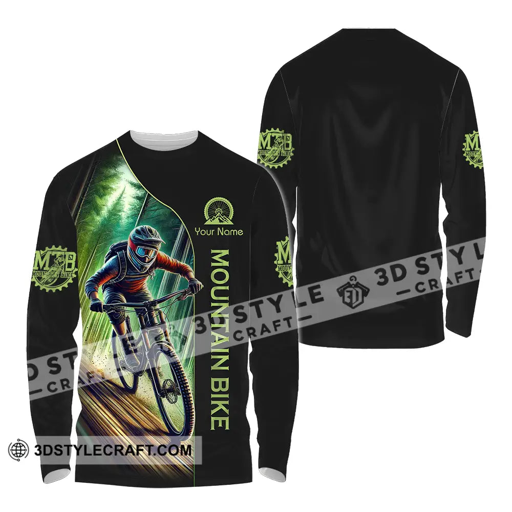 Unisex Shirt - Custom Name Mountain Bike Sport Forest And Black Biker Long Sleeve / S T-Shirt