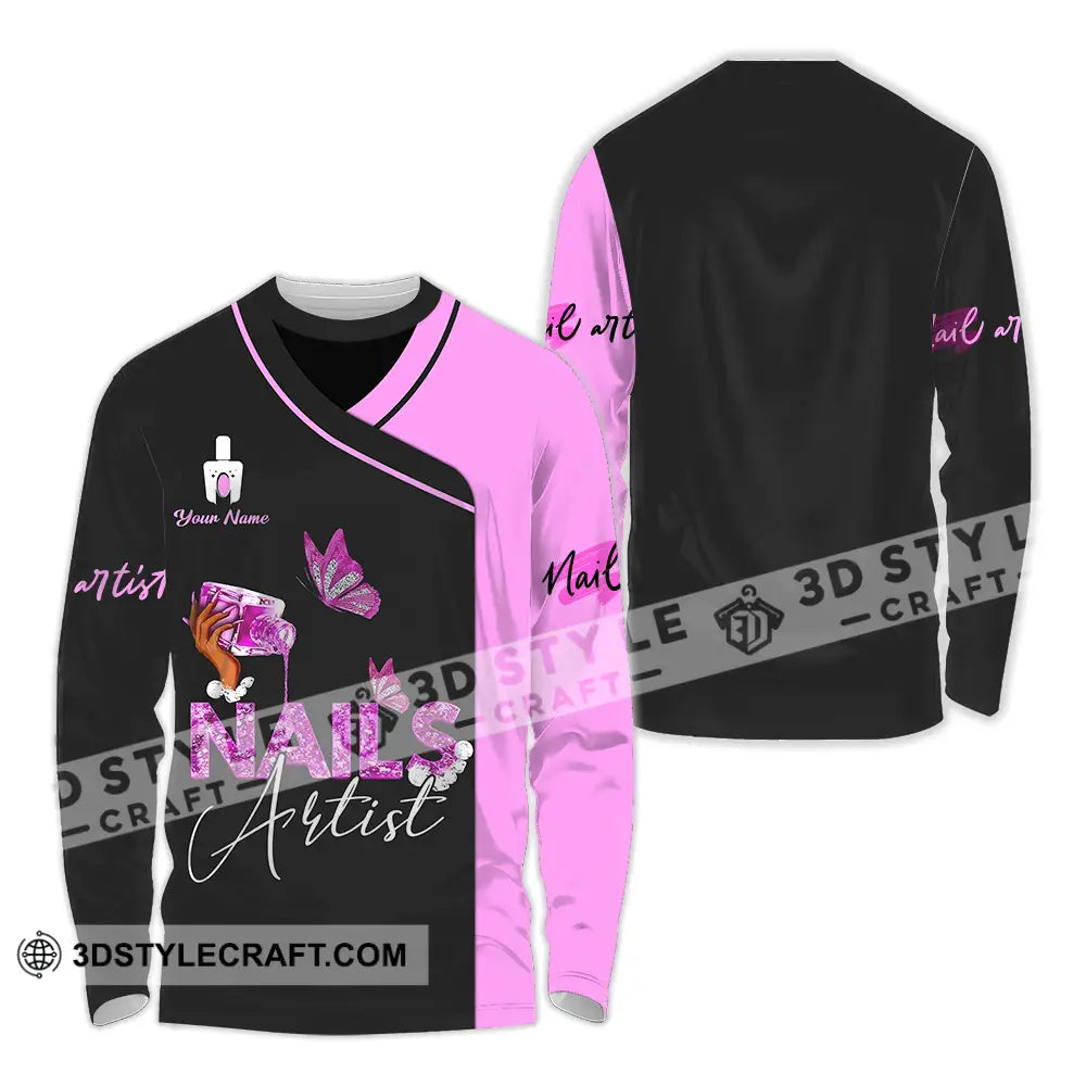 Unisex Shirt - Custom Name Nail Artist Purple Butterfly Long Sleeve / S T-Shirt