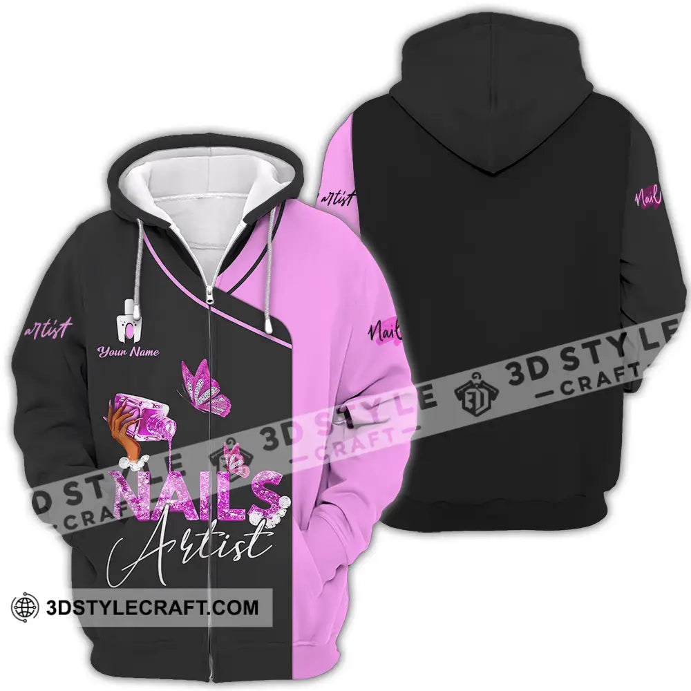 Unisex Shirt - Custom Name Nail Artist Purple Butterfly Zipper Hoodie / S T-Shirt