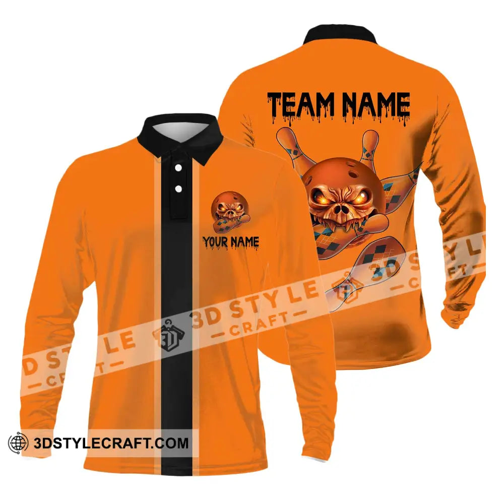 Unisex Shirt - Custom Name Orange Skull Bowling Long Sleeve Polo / S T-Shirt